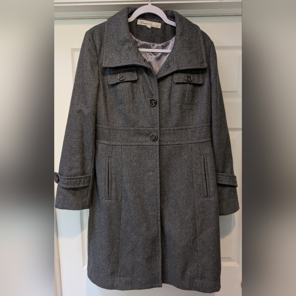 Kenneth Cole New York Womens Gray Long Wool Polyester Blend Coat Size 10 Peacoat